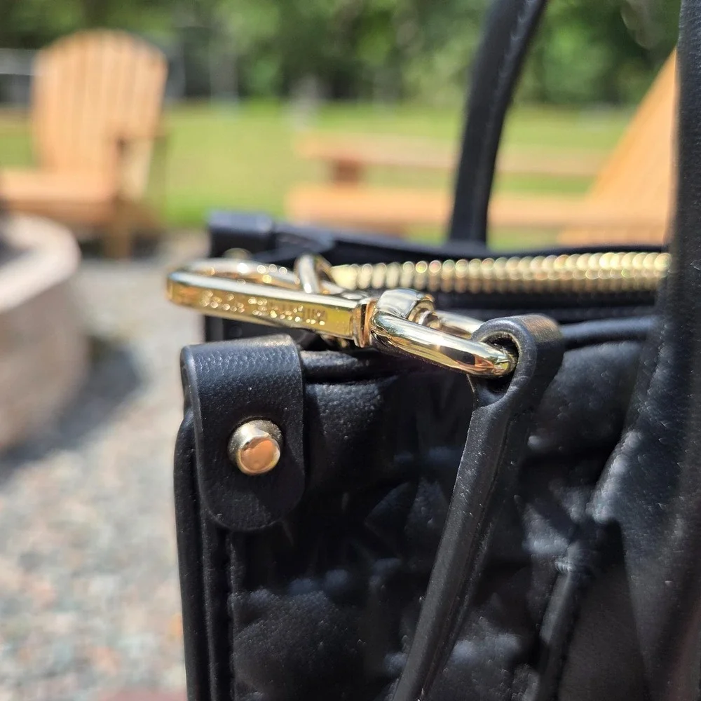 Michael Kors Black Embossed Leather Gold Logo Handbag Purse Maple Satchel - Picture 5 of 16